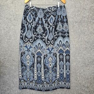 Silk Maxi Skirt Women 14 L Blue TALBOTS Black Paisley Baroque Flowy Boho Cottage